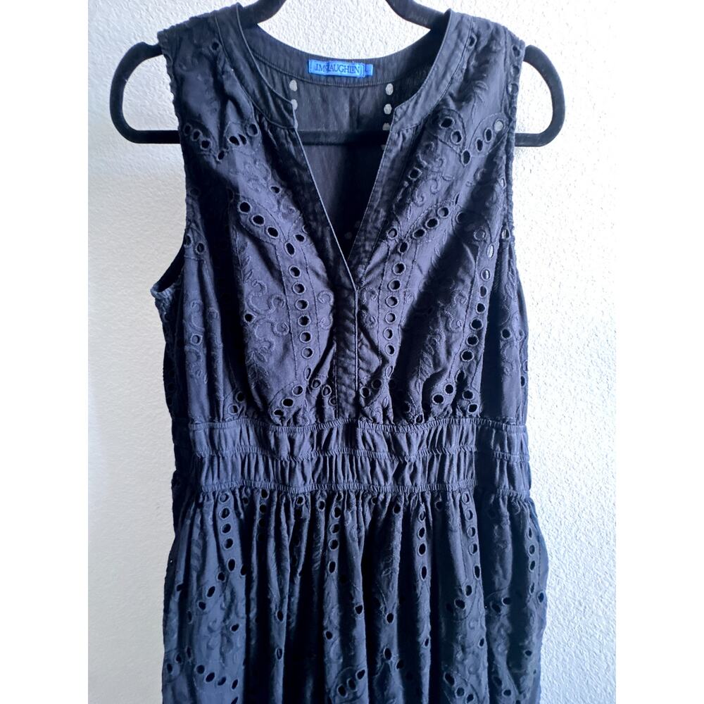 J. McLaughlin Yuri Eyelet Dress L Black Embroidered Cotton Midi Resort - Picture 3 of 7